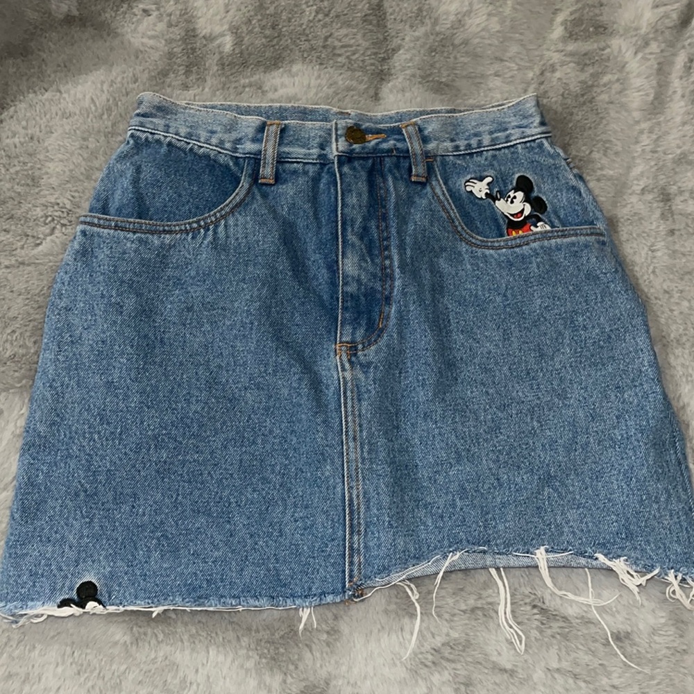 Vintage Disney Store Mickey Mouse Denim Skirt Sz Large Embroidered Peace Love